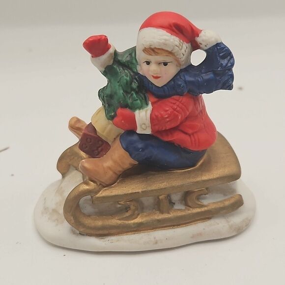 Vintage Russ Berrie & Co. Waving Child on Sleigh with Tree - Picture 1 of 16